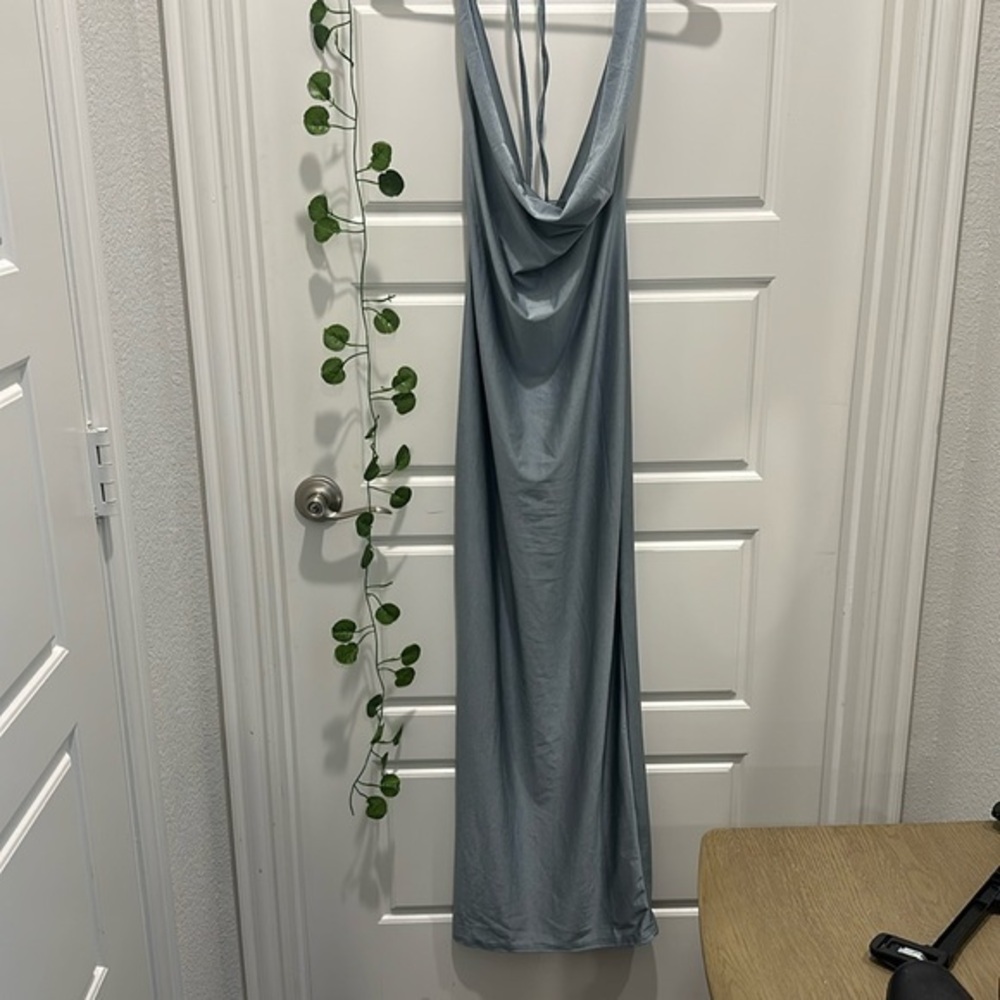 Teal Blue cowl neck open‎ back maxi dress